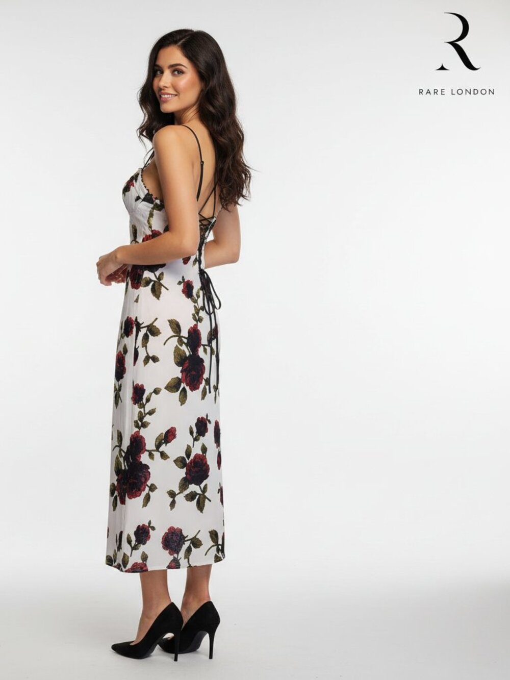 Rare London Pink Rose Devore Lace-Up Midi Dress NWT White Size 4 Hole in bodice